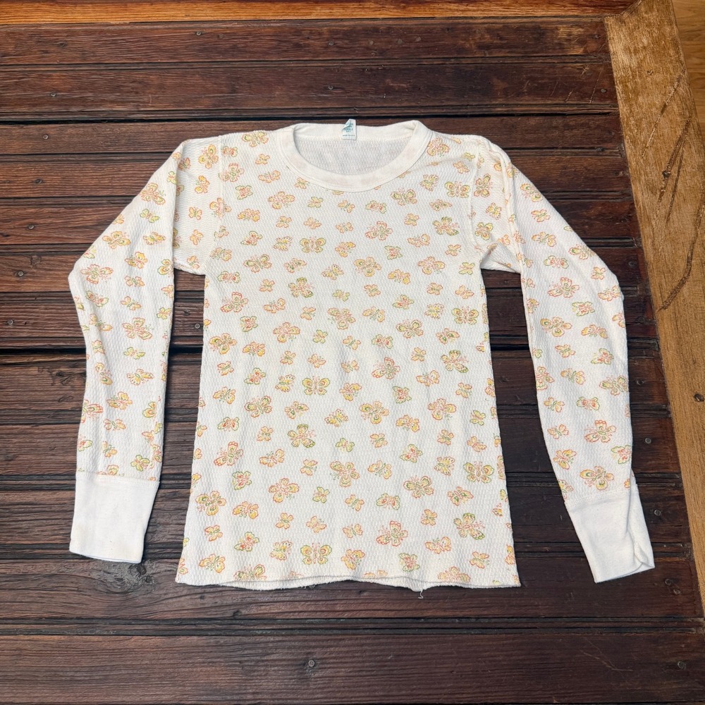 Vintage 80s Kmart Raschel Thermal Shirt Butterfly Print Waffle Knit Top Medium